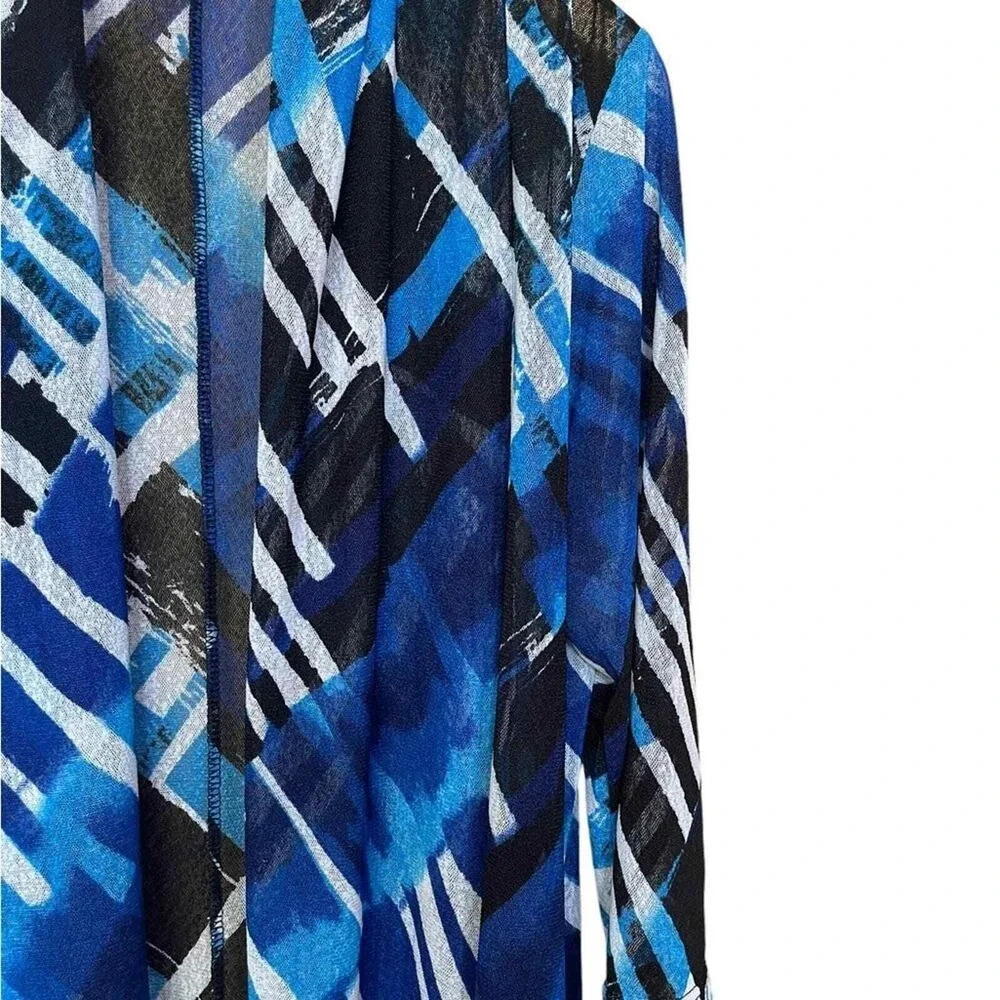 Creation‎ Women Blue Black Abstract Print Open Front Longline Cardigan Size M